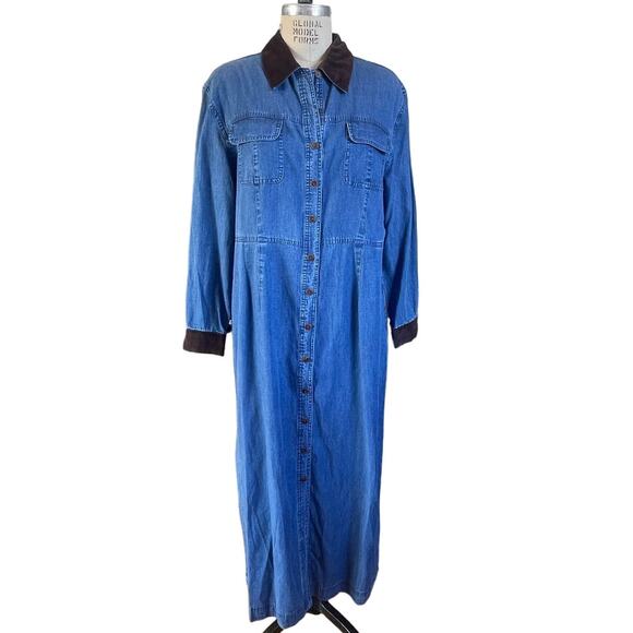 NWT J. Jill Denim Maxi Shirtdress w/ Brown Velveteen Collar & Cuffs Size Large - Picture 1 of 7